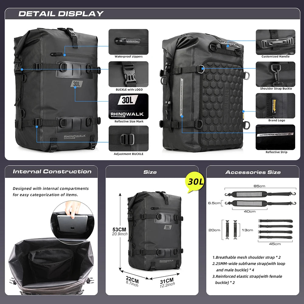 Rhinowalk 30L Motorbike Saddle Pannier Bag Outdoor Accessory