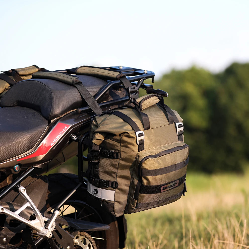Installed Rhinowalk Motorcycle SaddleBag on motorbike rack