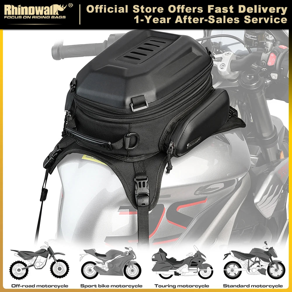Front view of Rhinowalk Universal Motorcycle Tank Bag mounted on Enduro bike.