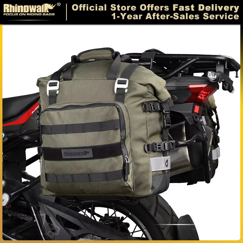 Installed Rhinowalk Motorcycle SaddleBag on motorbike rack