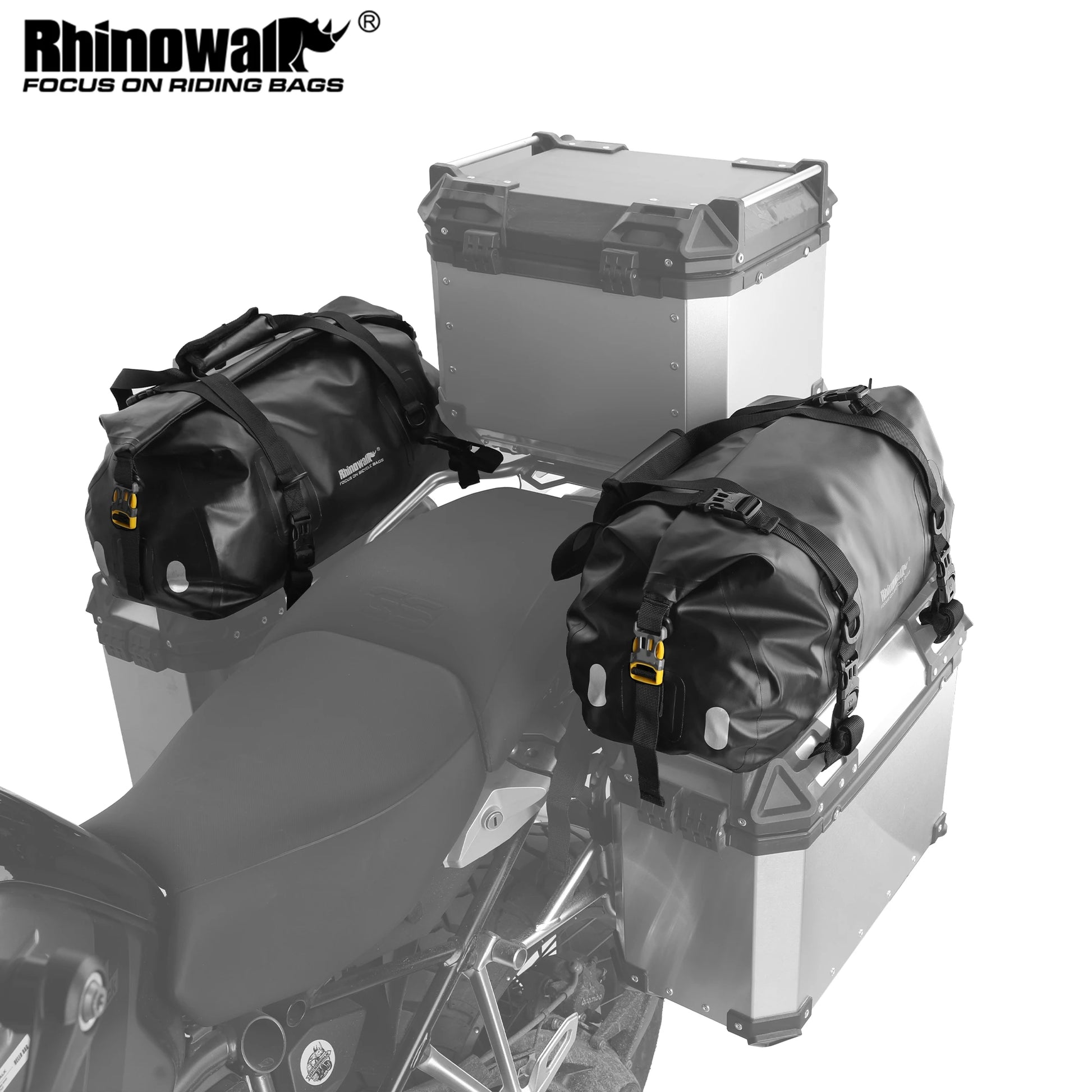 Front view of Rhinowalk 20L Waterproof Motorcycle Pannier Bag mounted on BMW adventure motorcycle